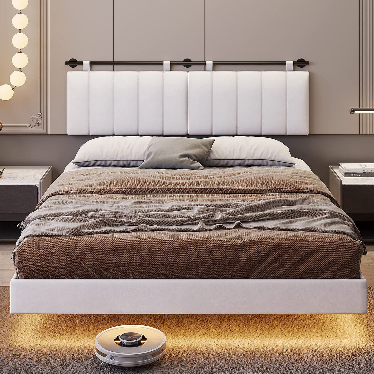 White LED Queen Bed Frame with Upholstered Headboard I29951