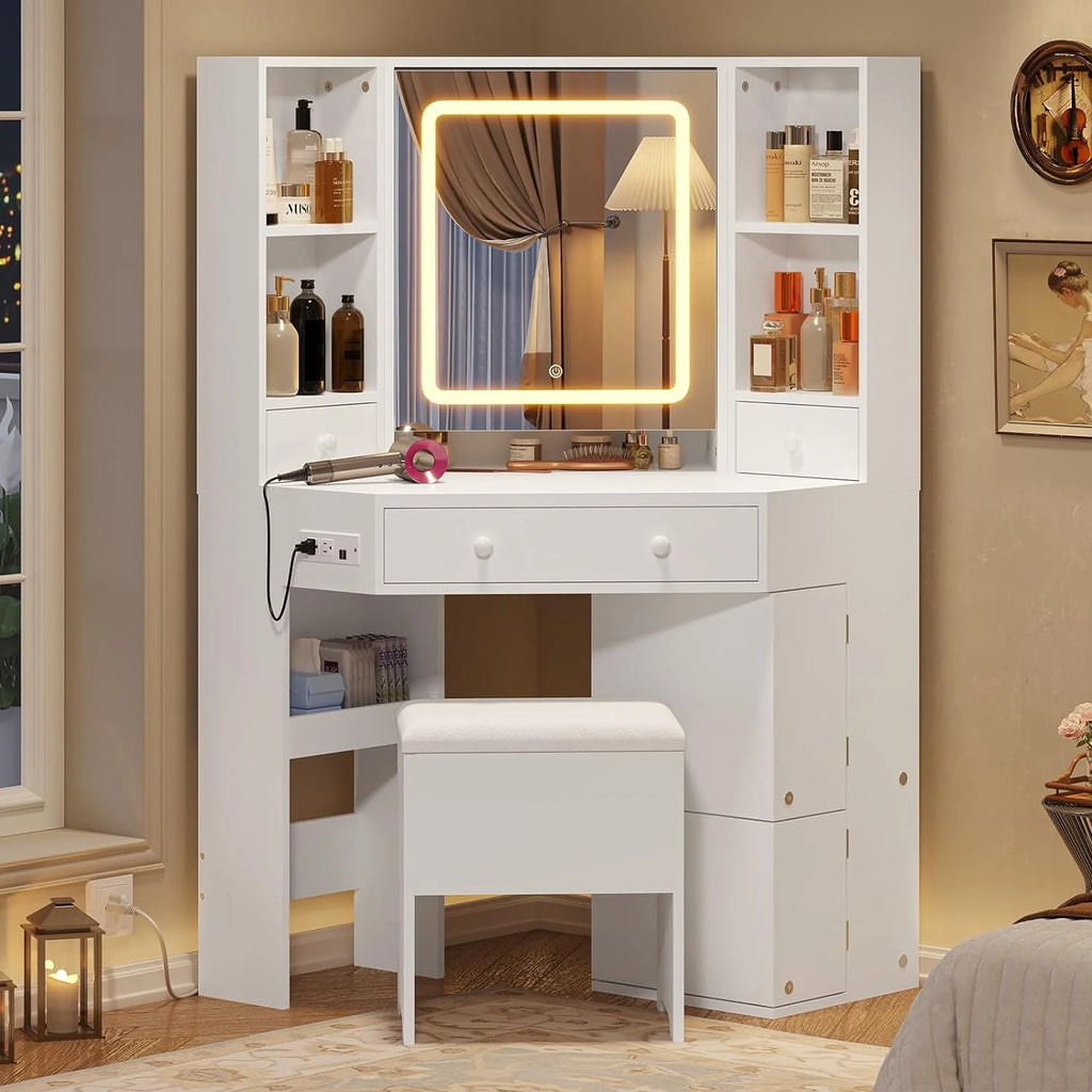 White Vanity Desk with Mirror Lights Charging Station Drawers Storage Stool Rotating Shelves Y3769