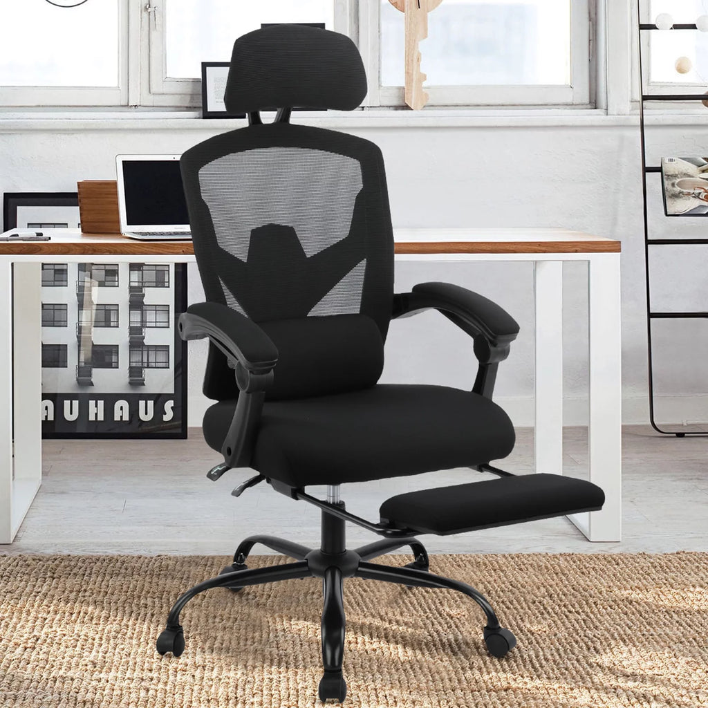 Black Ergonomic Mesh Office Chair with Footrest and Head Support S31010