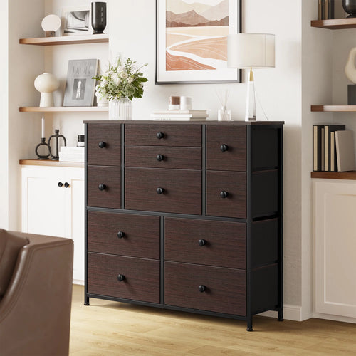 11 Fabric Drawers Faux Leather Rustic Brown Dresser with Wood Top R87693