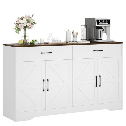 White 55" Wood Sideboard Buffet Cabinet with Drawers and Doors Z525