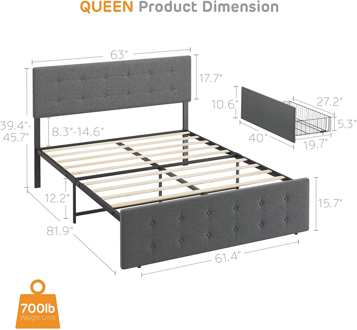 Platform Bed Frame with Headboard and 4 Drawers Storage F8483
