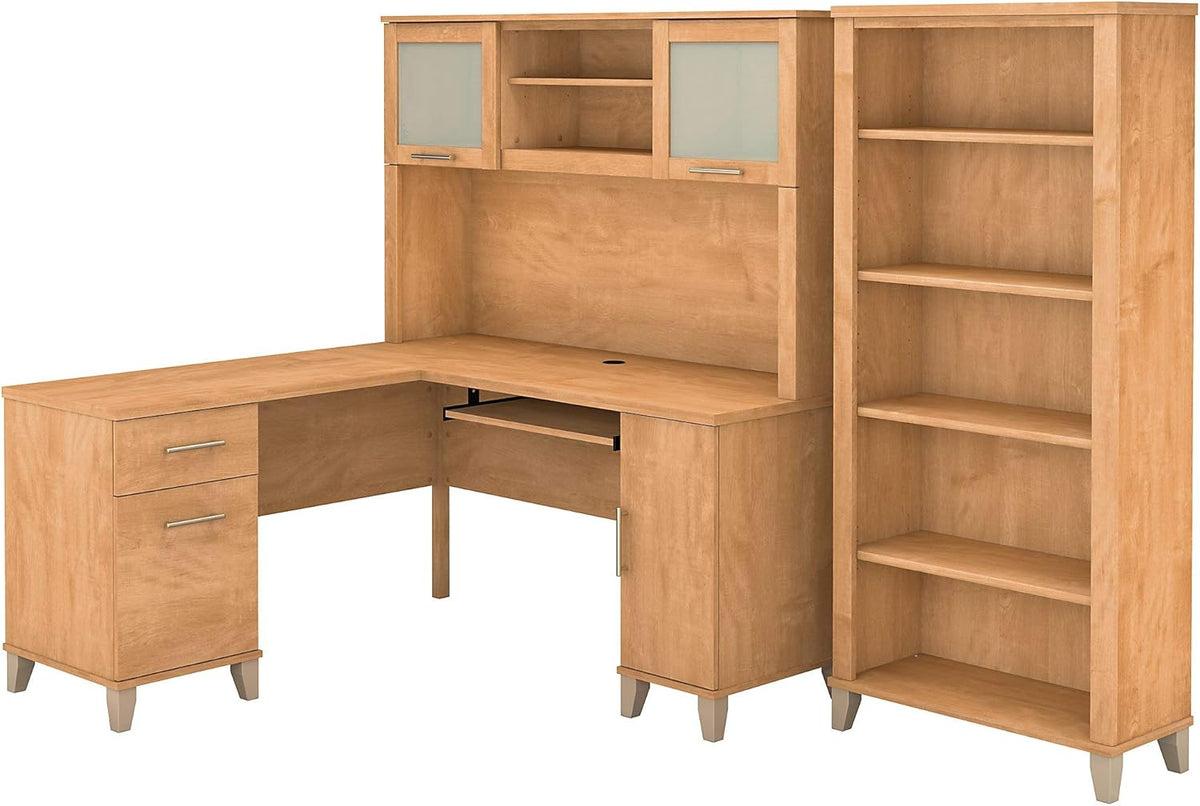 L Shaped Desk with Hutch and 5 Shelf Bookcase L403133