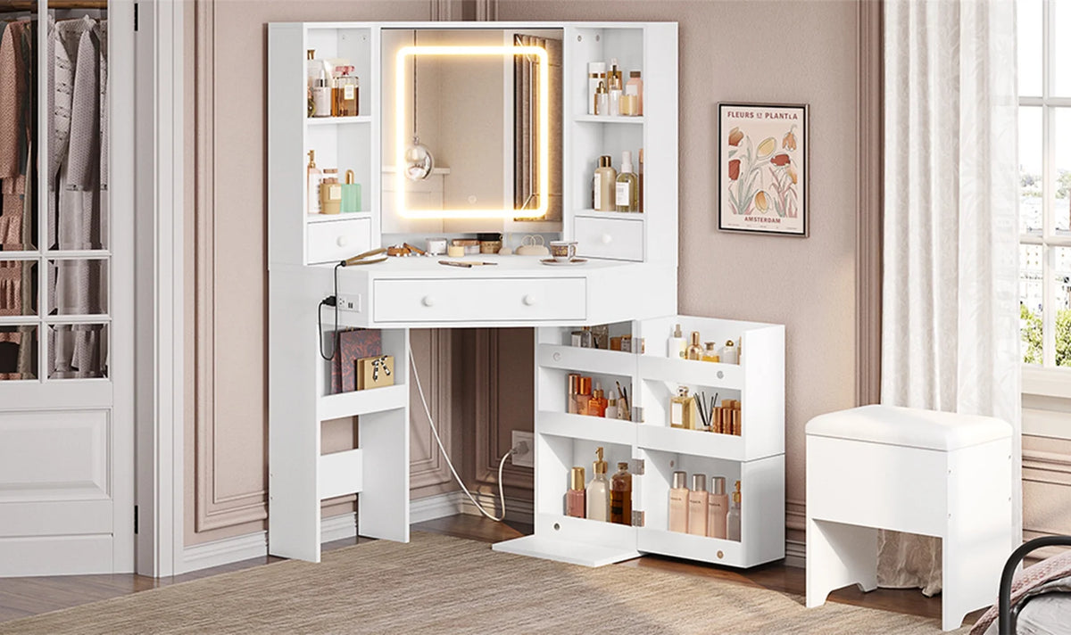 White Vanity Desk with Mirror Lights Charging Station Drawers Storage Stool Rotating Shelves Y3769