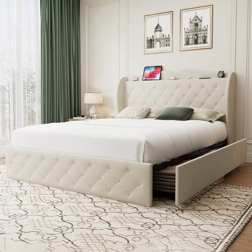 Full Size Velvet Upholstered Platform Bed Frame with 4 Storage Drawers L65720