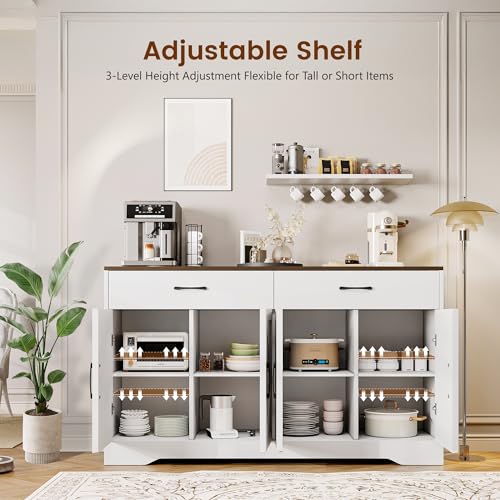 White 55" Wood Sideboard Buffet Cabinet with Drawers and Doors Z525