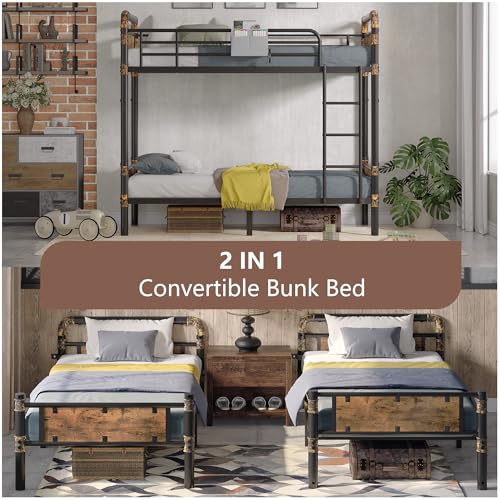 2 IN 1 Metal Bunk Bed Twin Over Twin, Convertible into 2 Individual Twin Size Bed, Vintage Brown U874495