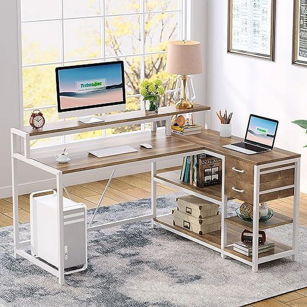 Reversible L Shaped Desk with Drawer Shelves Monitor Stand U2920
