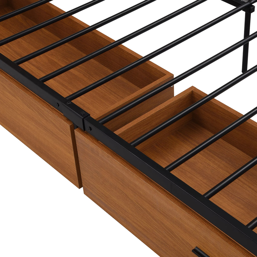 Black Queen Size Metal Platform Bed Frame with Wood Headboard and 2 Drawers A352813