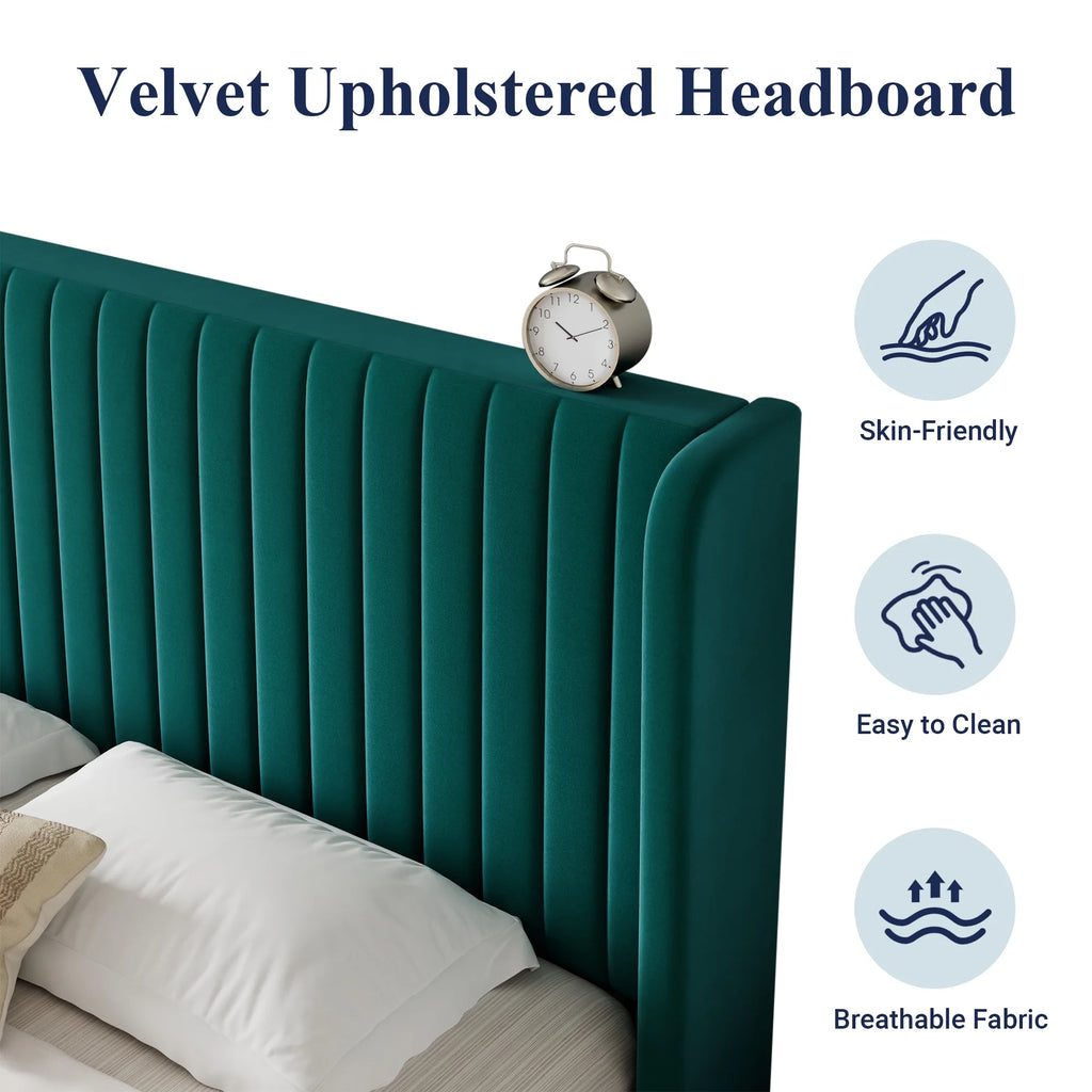 Queen Size Off White Velvet Platform Bed Frame with Wingback Headboard Z98942