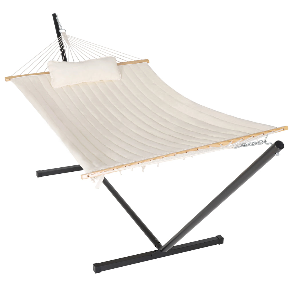2-Person Hanging Hammock with Steel Stand, Cotton Pad & Pillow, 450lbs Capacity, White H90653
