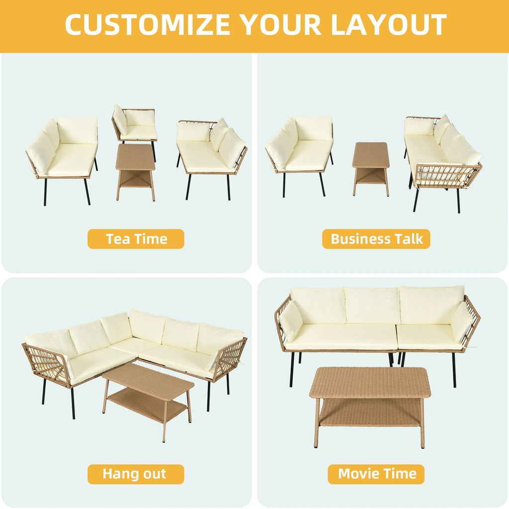 Beige Wicker L-Shaped Sofa Set with Cushions and Coffee Table M947656