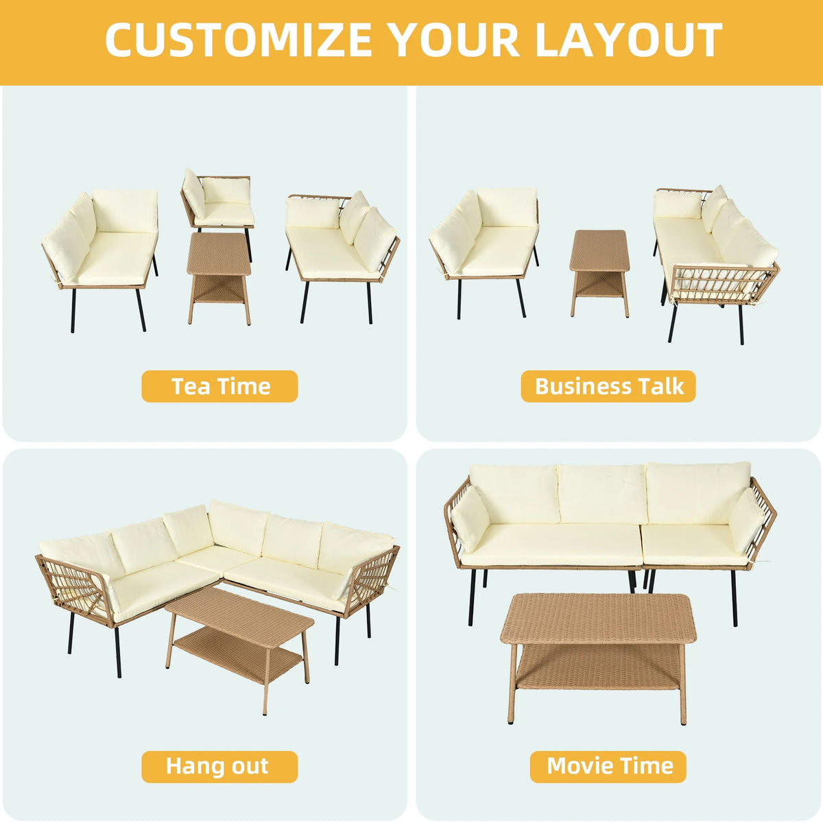 Beige Wicker L-Shaped Sofa Set with Cushions and Coffee Table M947656