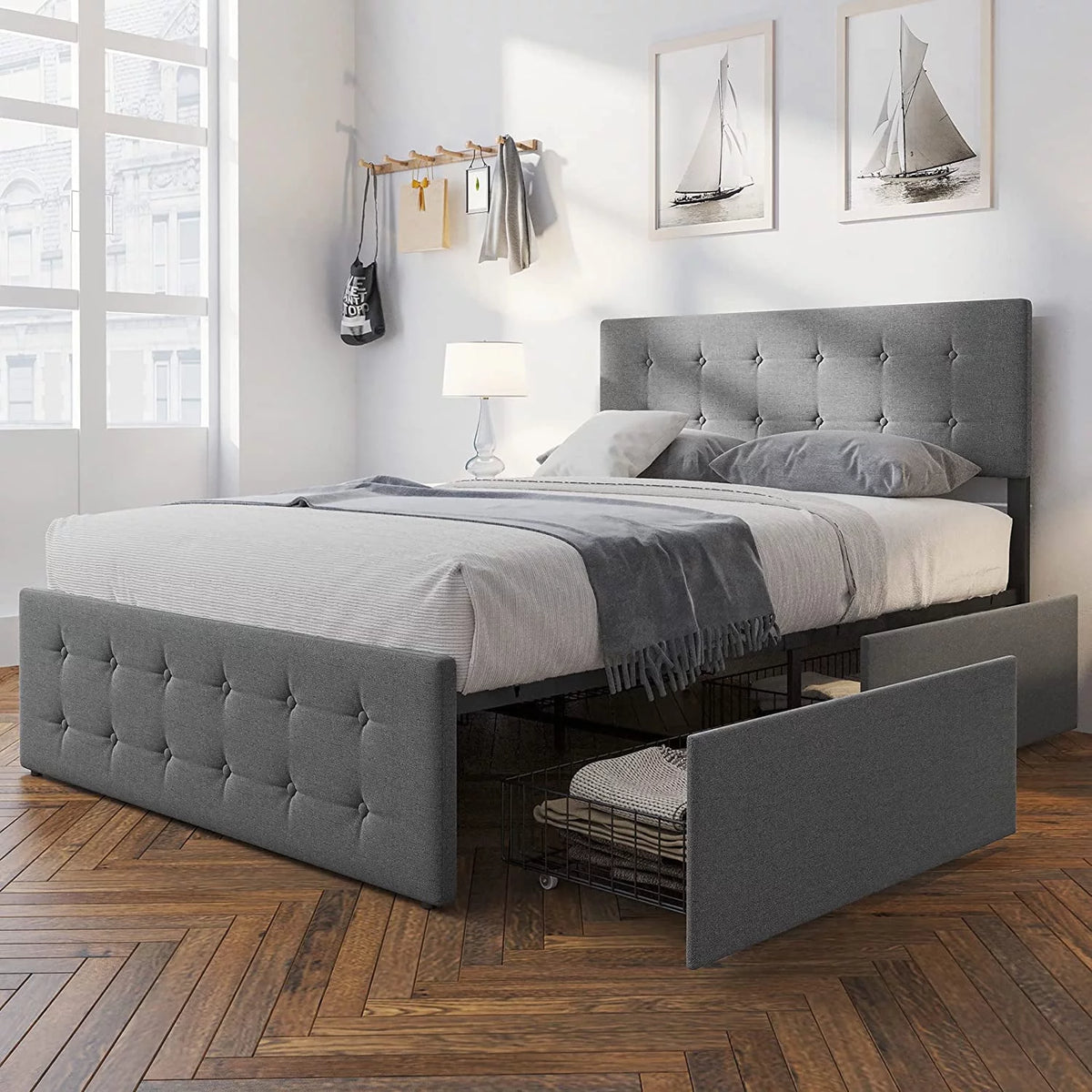 Platform Bed Frame with Headboard and 4 Drawers Storage F8483