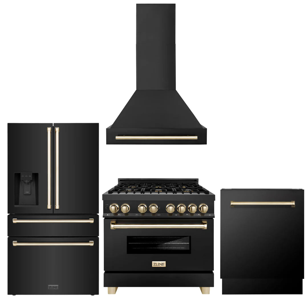 36 Dual Fuel Range, Range Hood, Refrigerator, Dishwasher in Black Stainless D41888