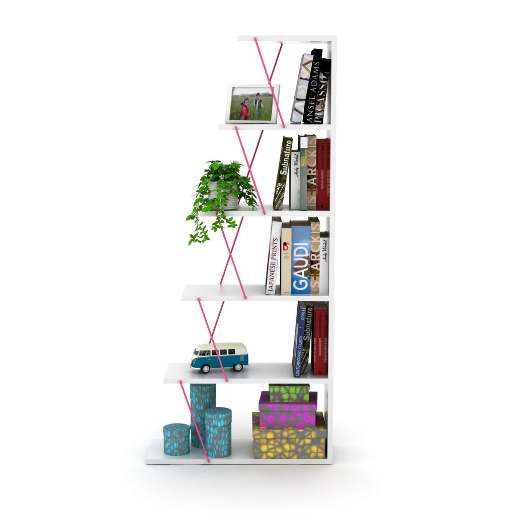 Modern 5 Tier Ladder Bookshelf, White/Pink Q5567
