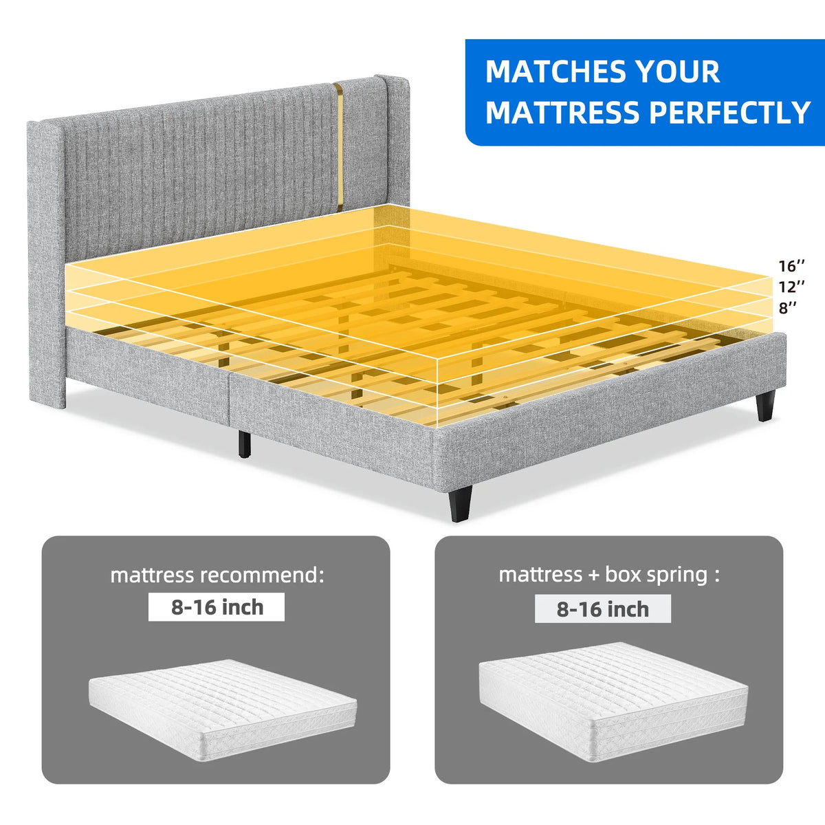 Upholstered Wingback King Bed Frame with Wood Slats Z703