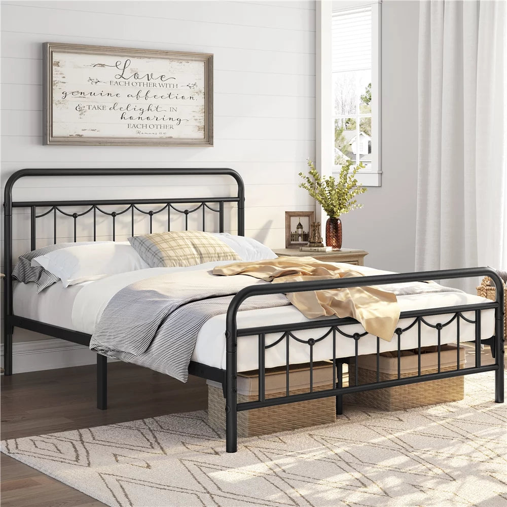 Queen Metal Platform Bed Frame with Vintage Headboard and Footboard E7905