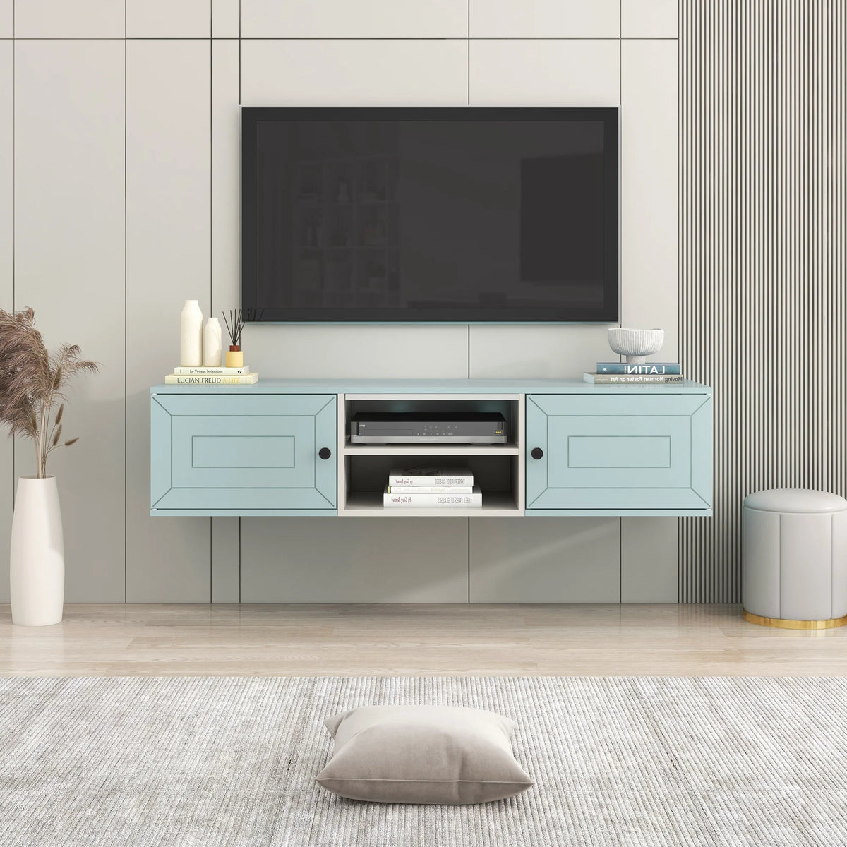 Beige Floating Wall Mounted TV Stand with Storage Cabinets T62758