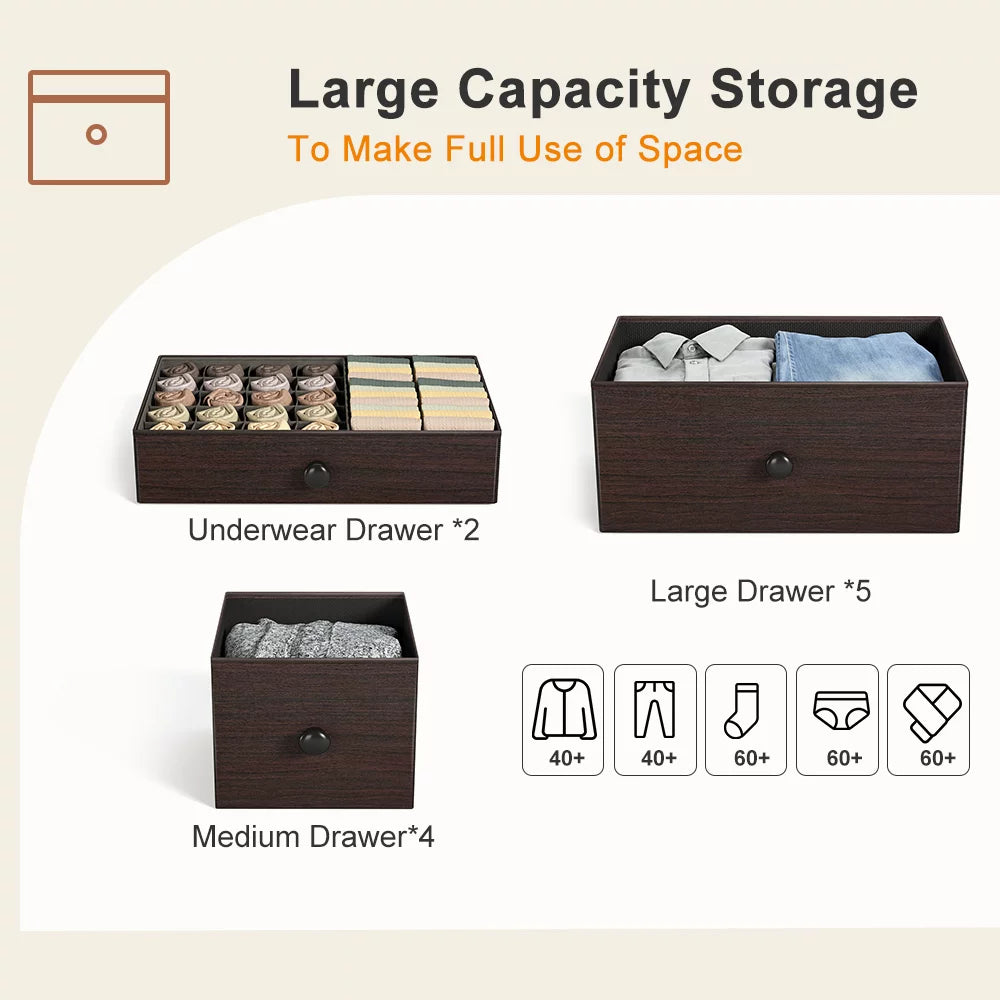 11 Fabric Drawers Faux Leather Rustic Brown Dresser with Wood Top R87693