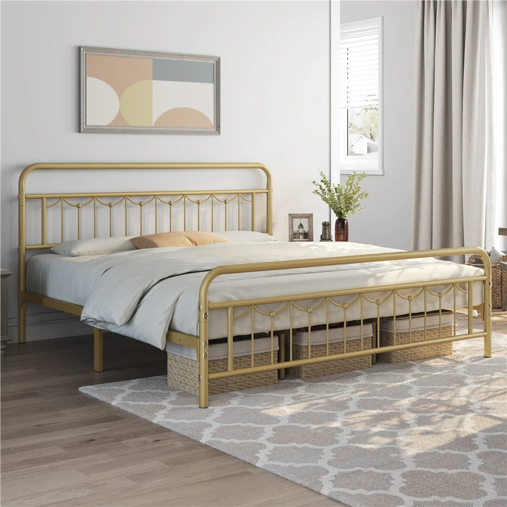 Queen Metal Platform Bed Frame with Vintage Headboard and Footboard E7905