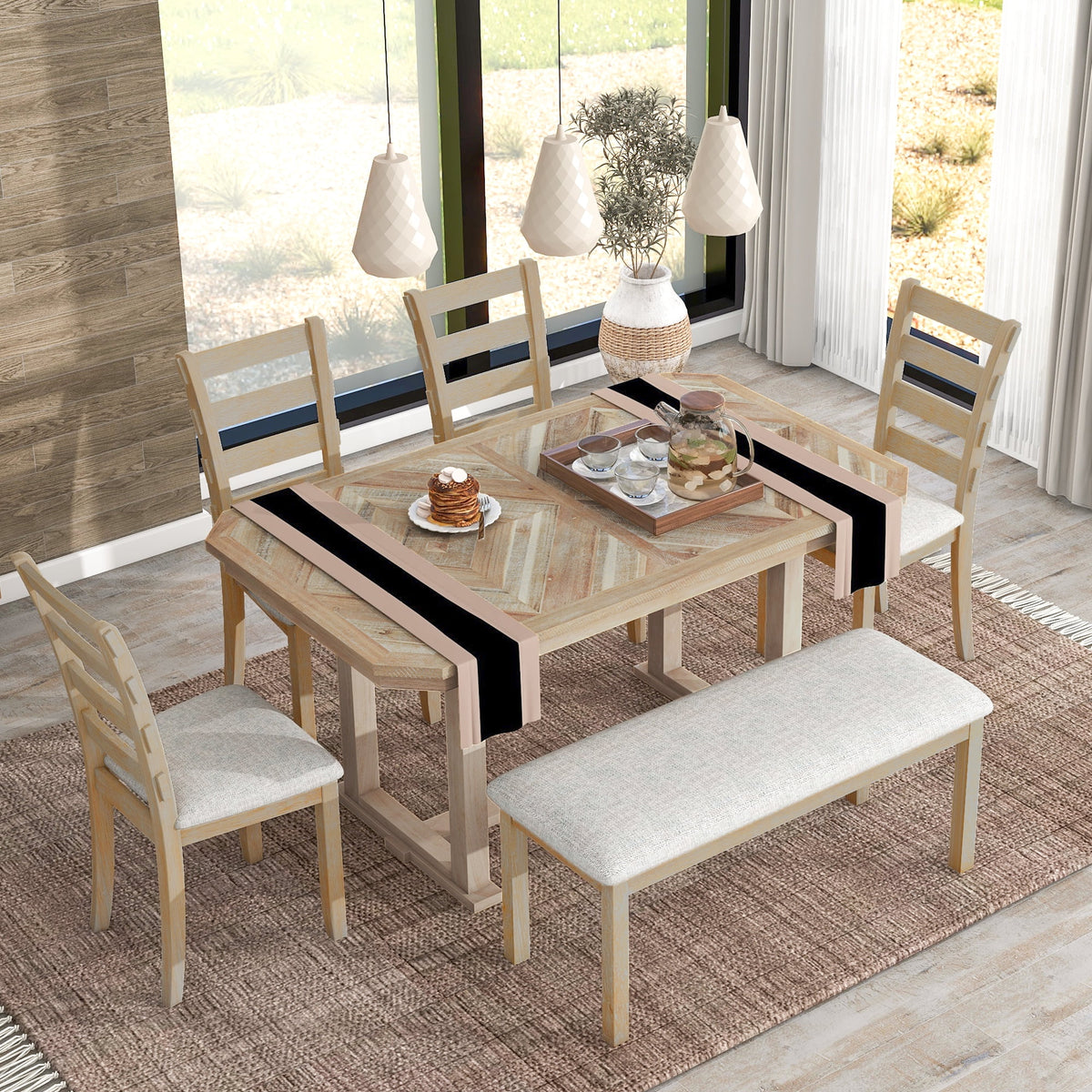 6-Piece Rubber Wood Dining Table Set with 4 Cushion Chairs and Bench Q4504