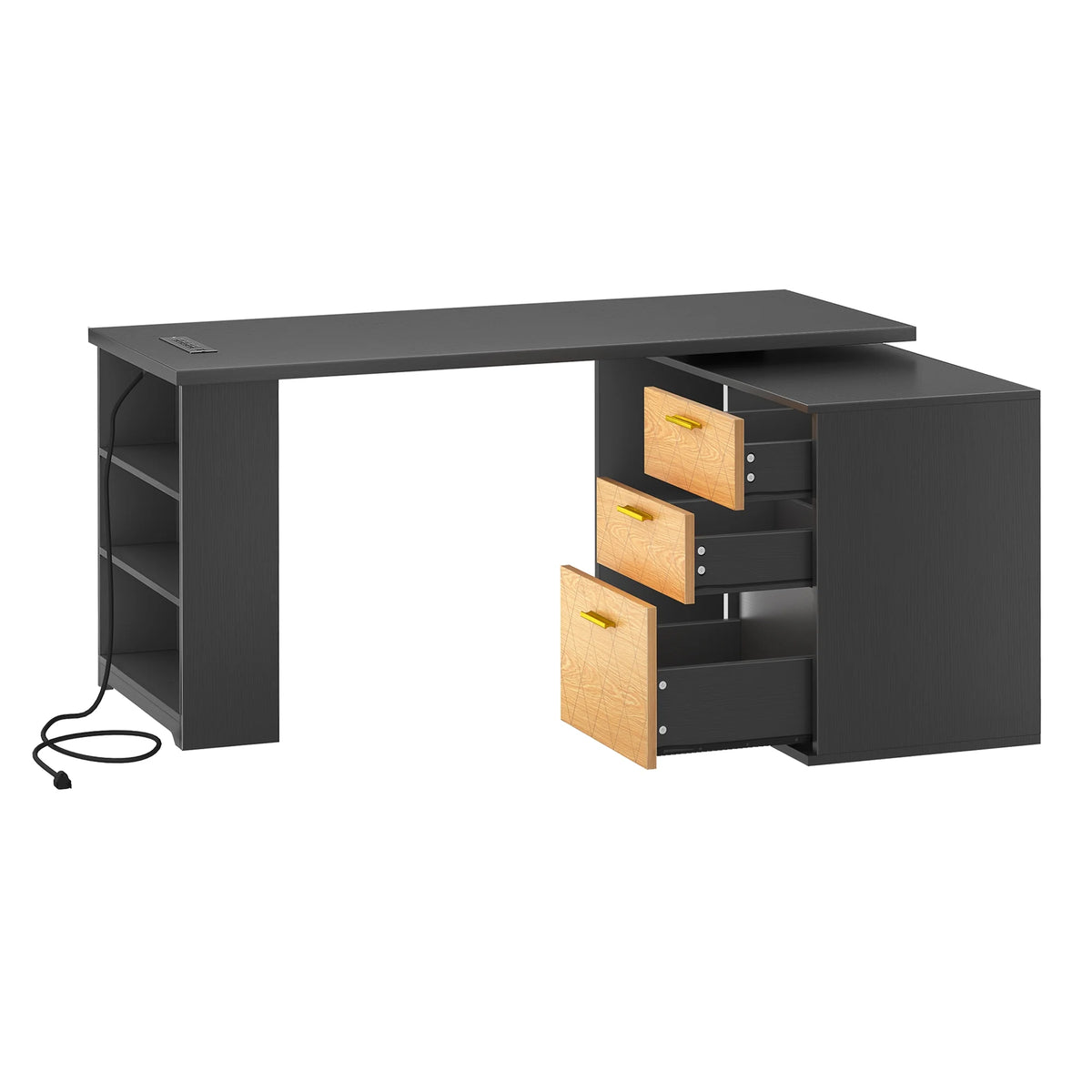 Black 59 Inch L Shaped Desk with File Cabinet and Storage Shelves C1706