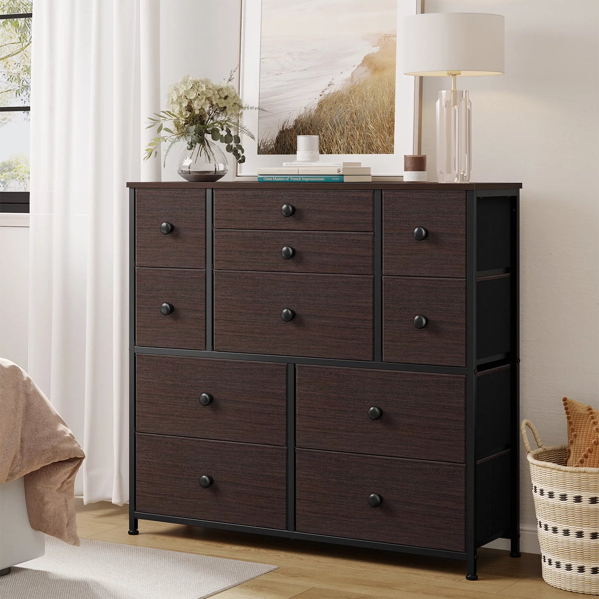 11 Fabric Drawers Faux Leather Rustic Brown Dresser with Wood Top R87693