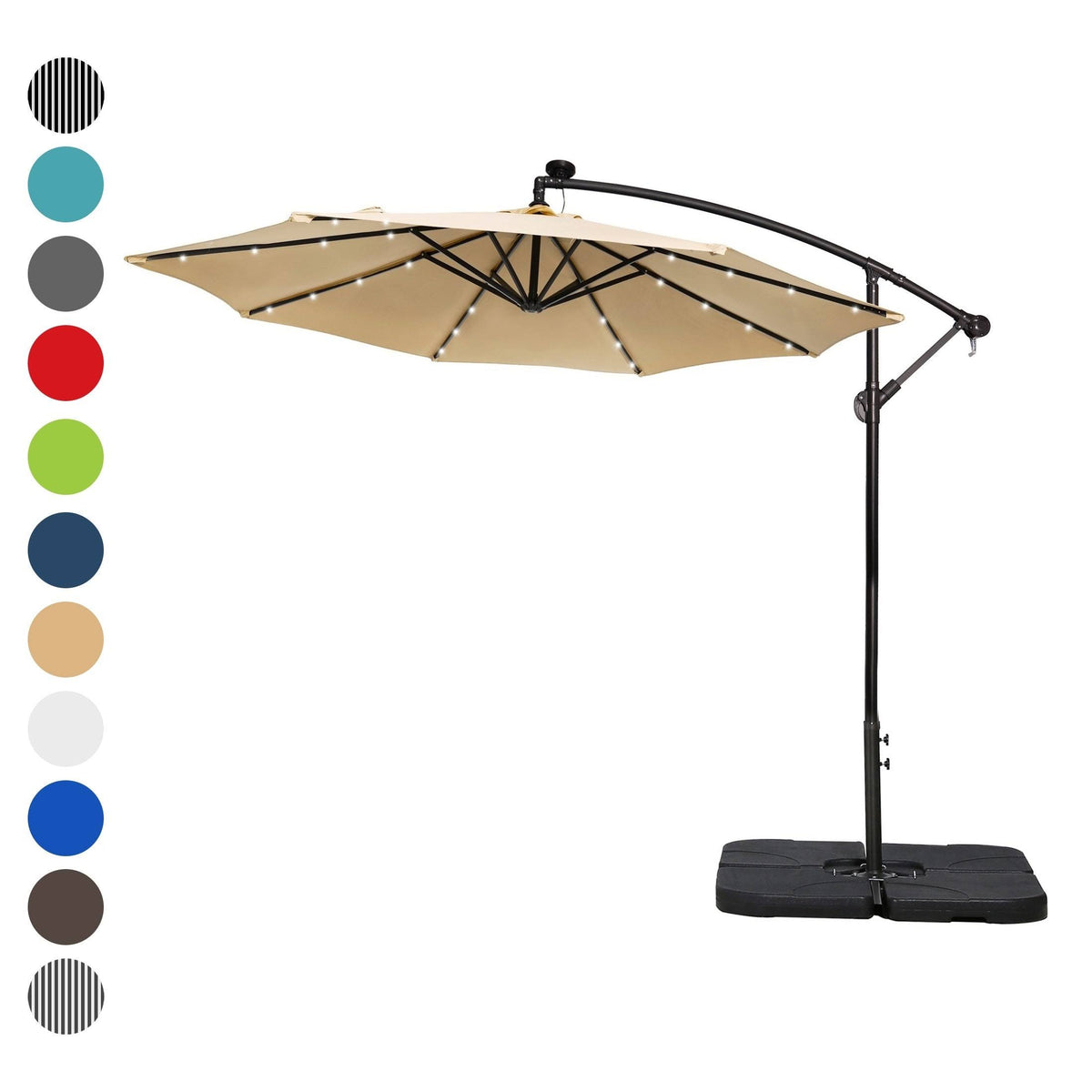 10 ft. Cantilever Hanging Patio Umbrella with Solar LED and Base Weights, Dark Green X88108