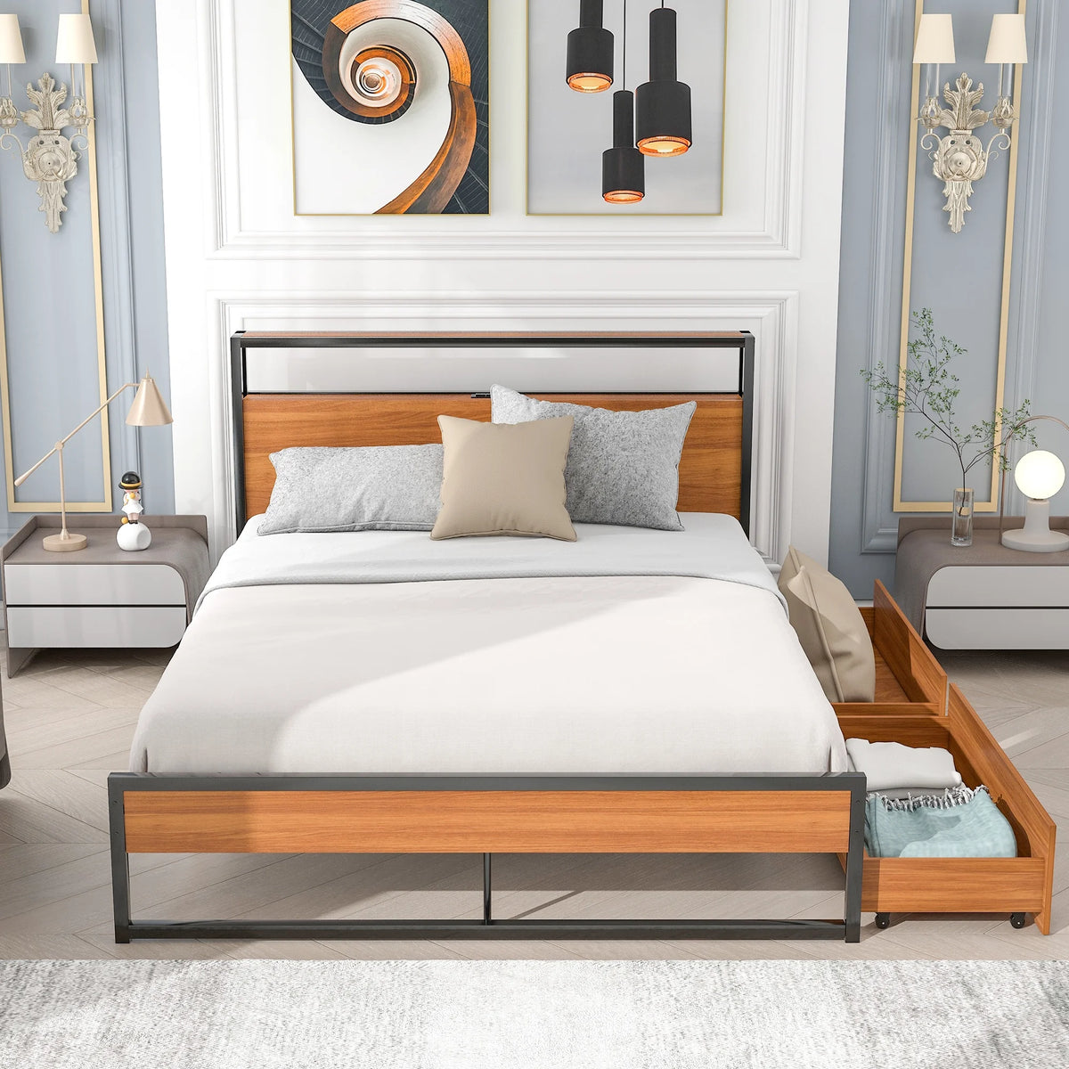 Black Queen Size Metal Platform Bed Frame with Wood Headboard and 2 Drawers A352813
