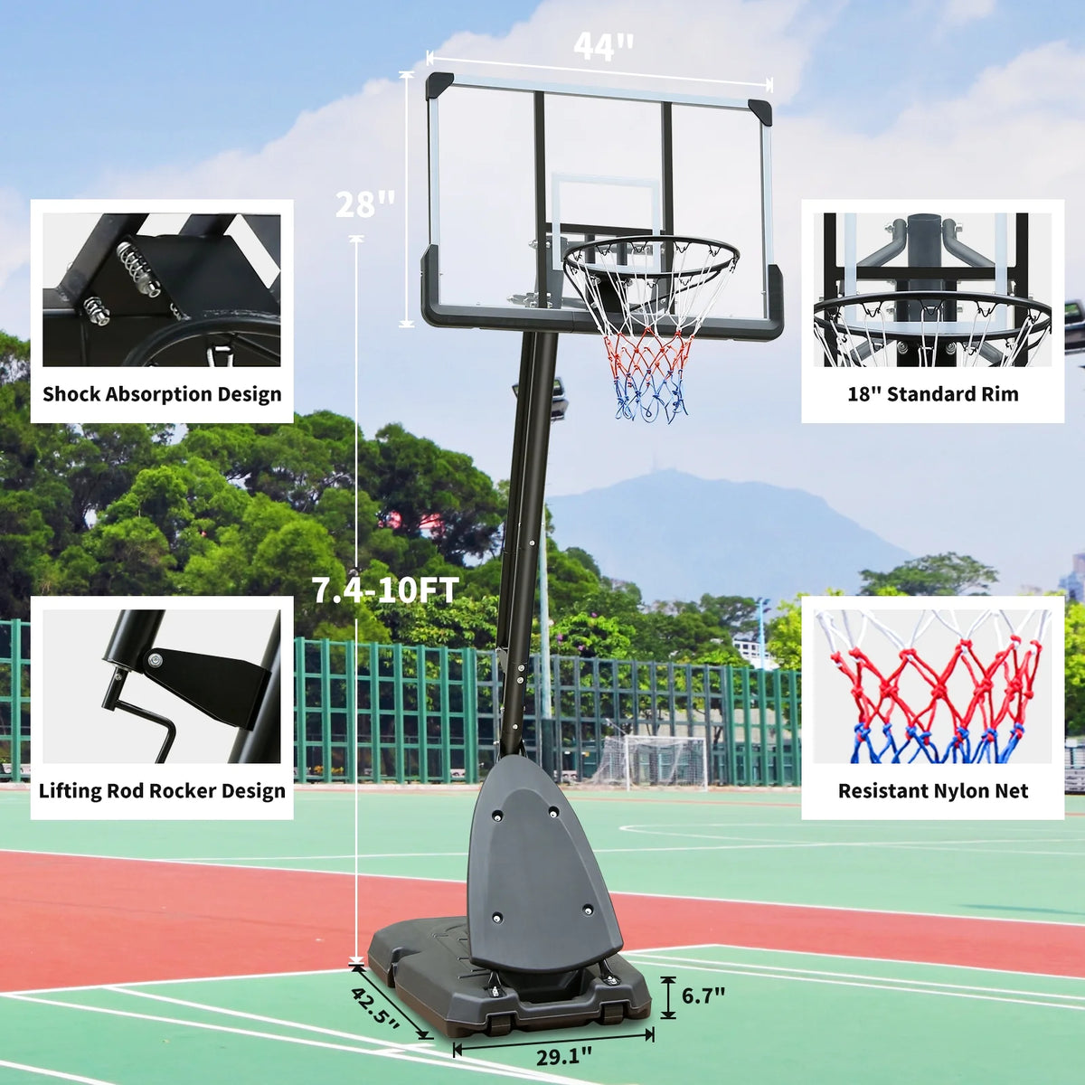 44" Portable Adjustable Basketball Hoop System with Wheels J607
