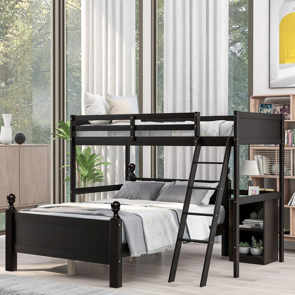 Wood Twin Over Full Loft Bed with Cabinet and Ladder M83930