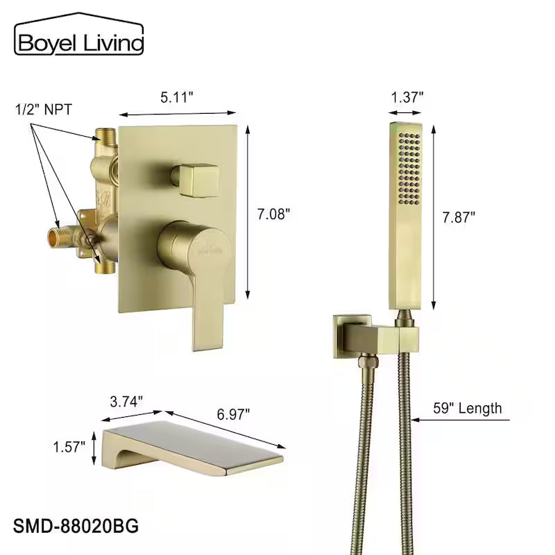 Brushed Gold Wall Mount Roman Tub Faucet with Hand Shower F9886