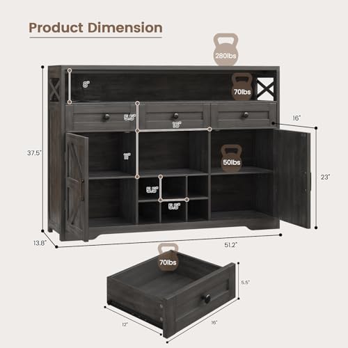 White 55" Wood Sideboard Buffet Cabinet with Drawers and Doors Z525