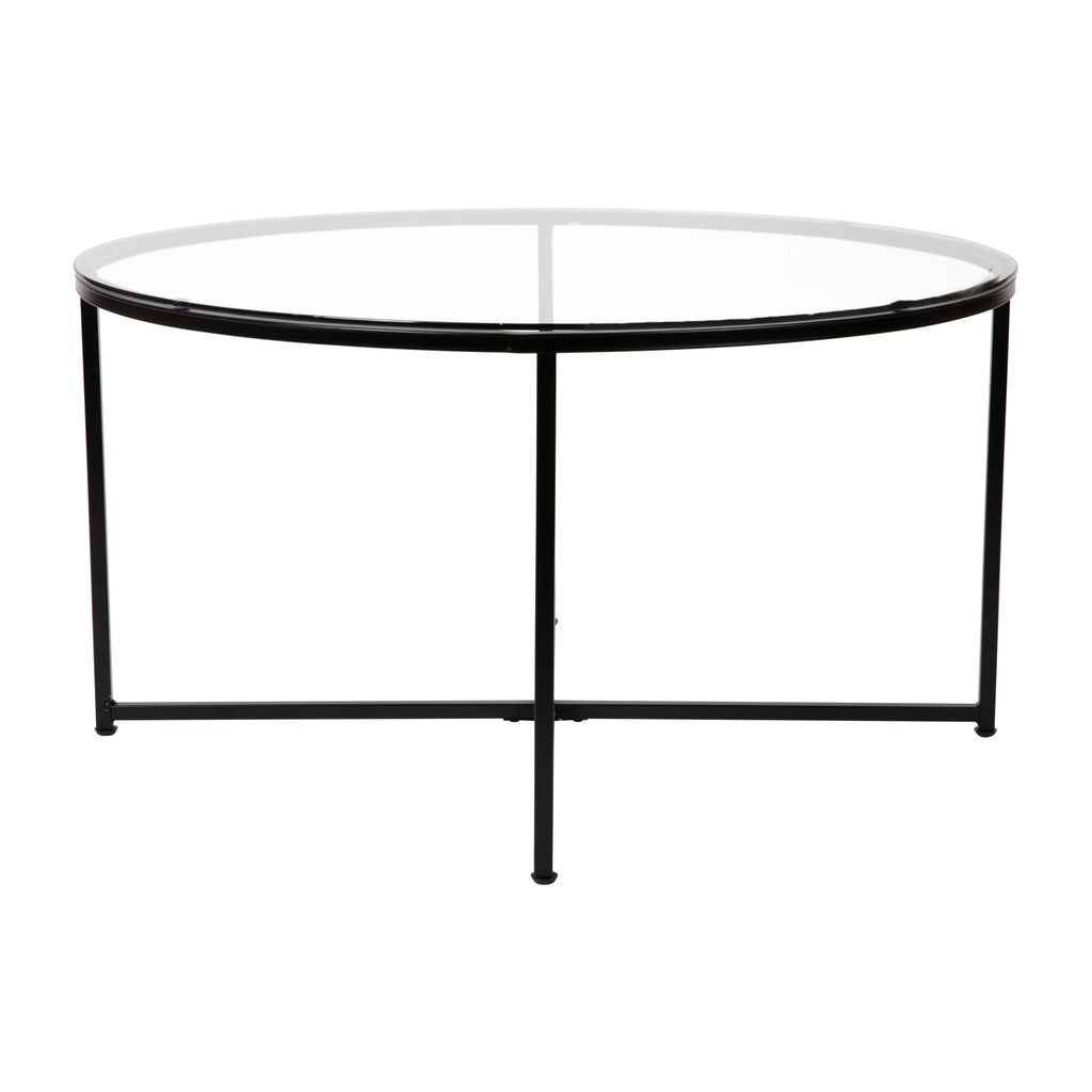 Clear Glass Table Set with Matte Black X Metal Frame, Coffee Table, 2 End Tables J2077