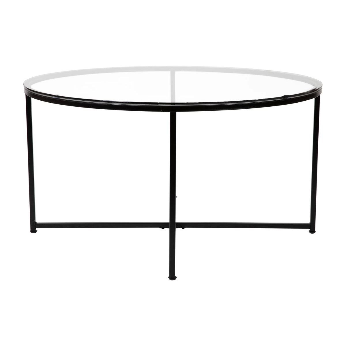 Clear Glass Table Set with Matte Black X Metal Frame, Coffee Table, 2 End Tables J2077