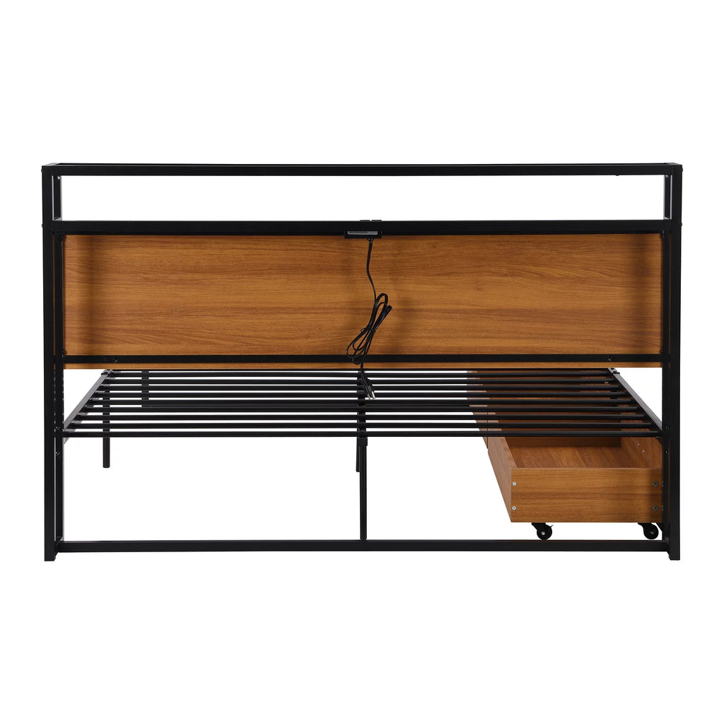 Black Queen Size Metal Platform Bed Frame with Wood Headboard and 2 Drawers A352813