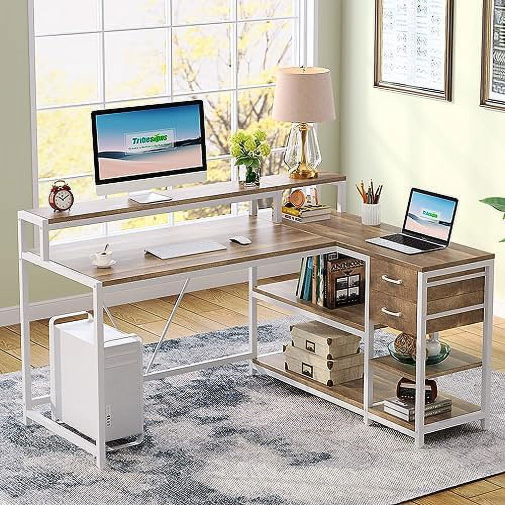 Reversible L Shaped Desk with Drawer Shelves Monitor Stand U2920