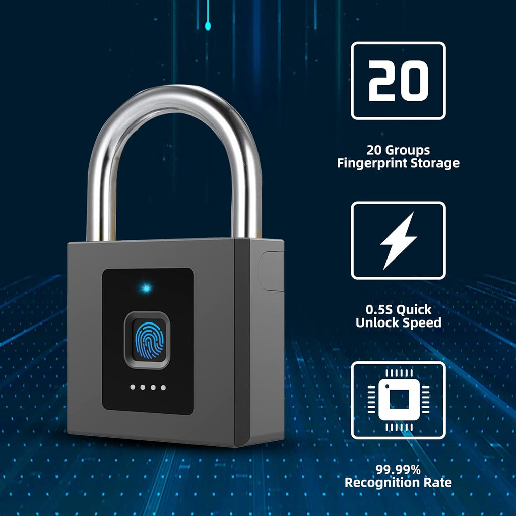 Fingerprint Padlock, Large Size Smart Lock, Bluetooth Padlock with Keyless Biometric, Waterproof for Warehouse, Gym, Cabinets, Office Pack of 2 X6377
