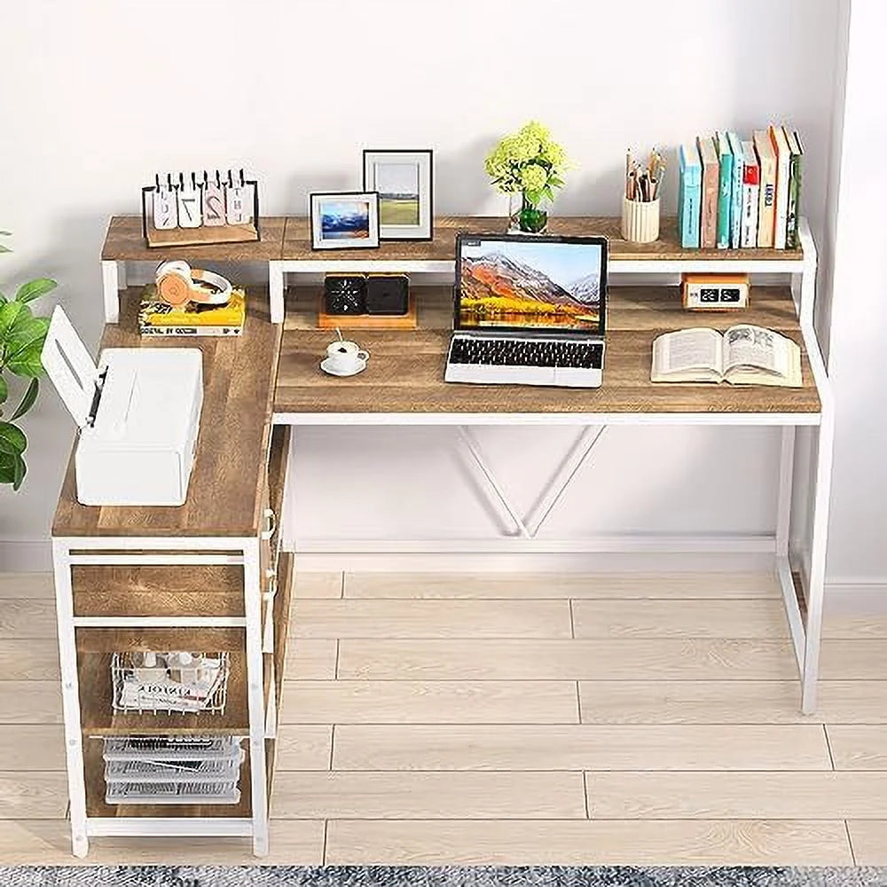 Reversible L Shaped Desk with Drawer Shelves Monitor Stand U2920