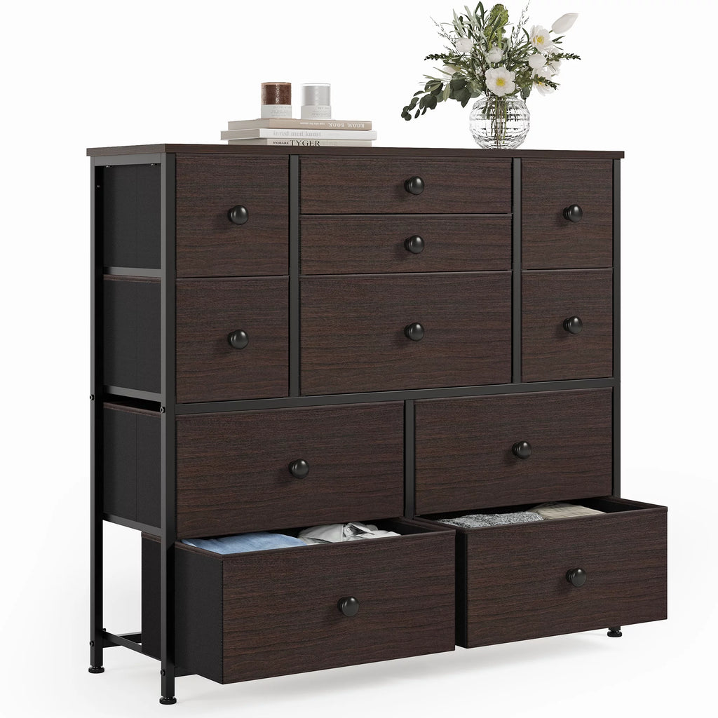 11 Fabric Drawers Faux Leather Rustic Brown Dresser with Wood Top R87693