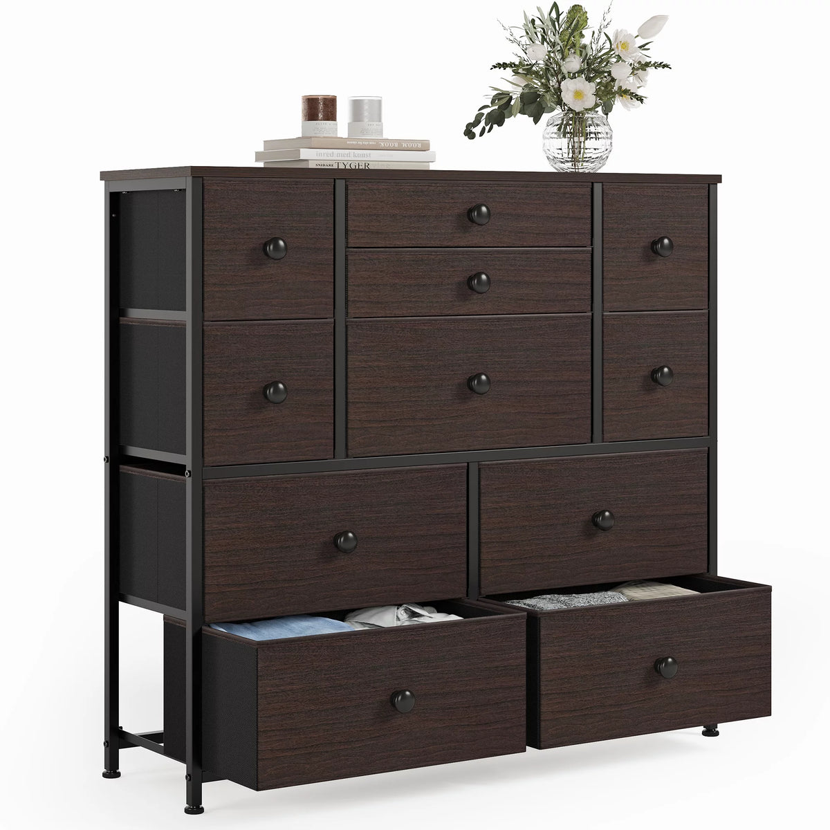 11 Fabric Drawers Faux Leather Rustic Brown Dresser with Wood Top R87693