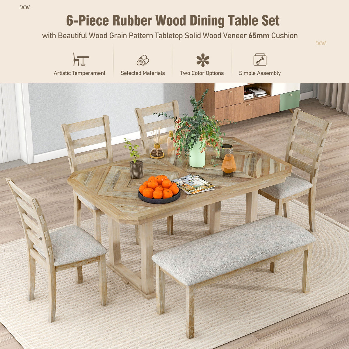 6-Piece Rubber Wood Dining Table Set with 4 Cushion Chairs and Bench Q4504