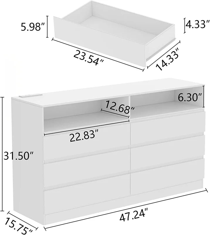 White 6 Drawer Double Dresser with Power Outlet and LED Light C8249