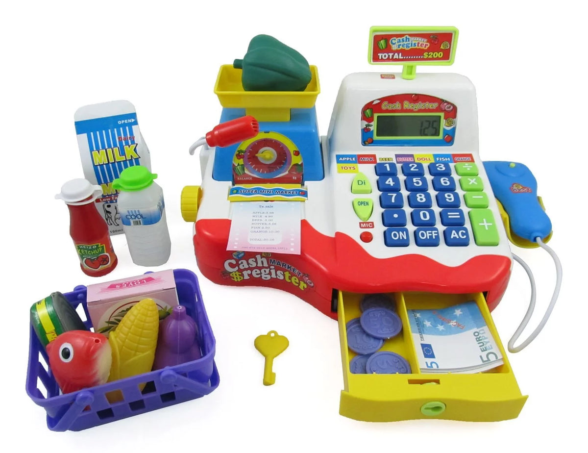 Cash Register with Checkout Scanner, Weight Scale, Microphone, Calculator, Play Money and Food Shopping Playset J6295