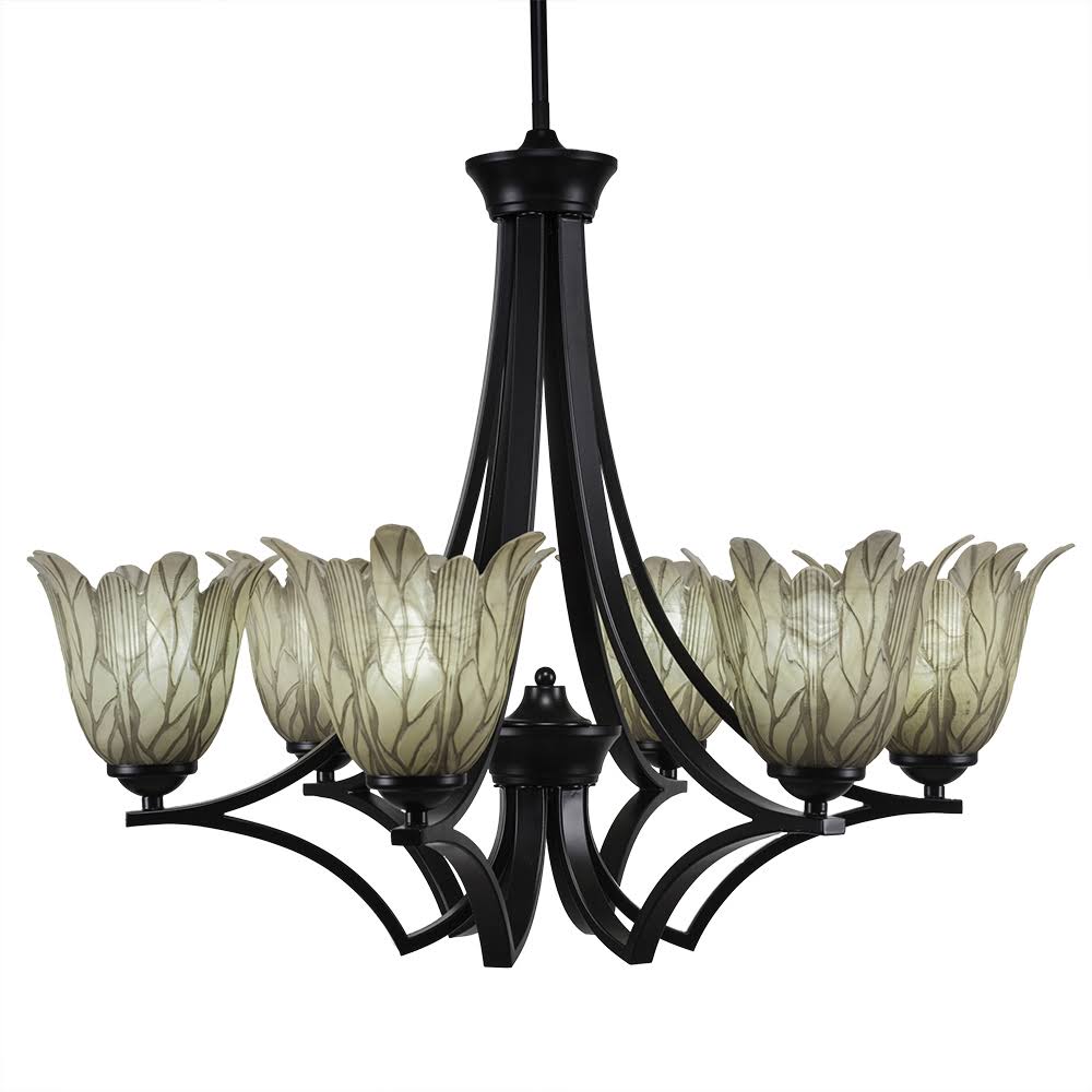 Six Light Chandelier Matte Black Finish with Vanilla Leaf Glass B174