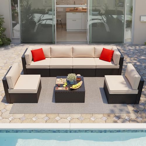 7 Pieces PE Rattan Wicker Patio Sofa Set with Glass Table Z7947
