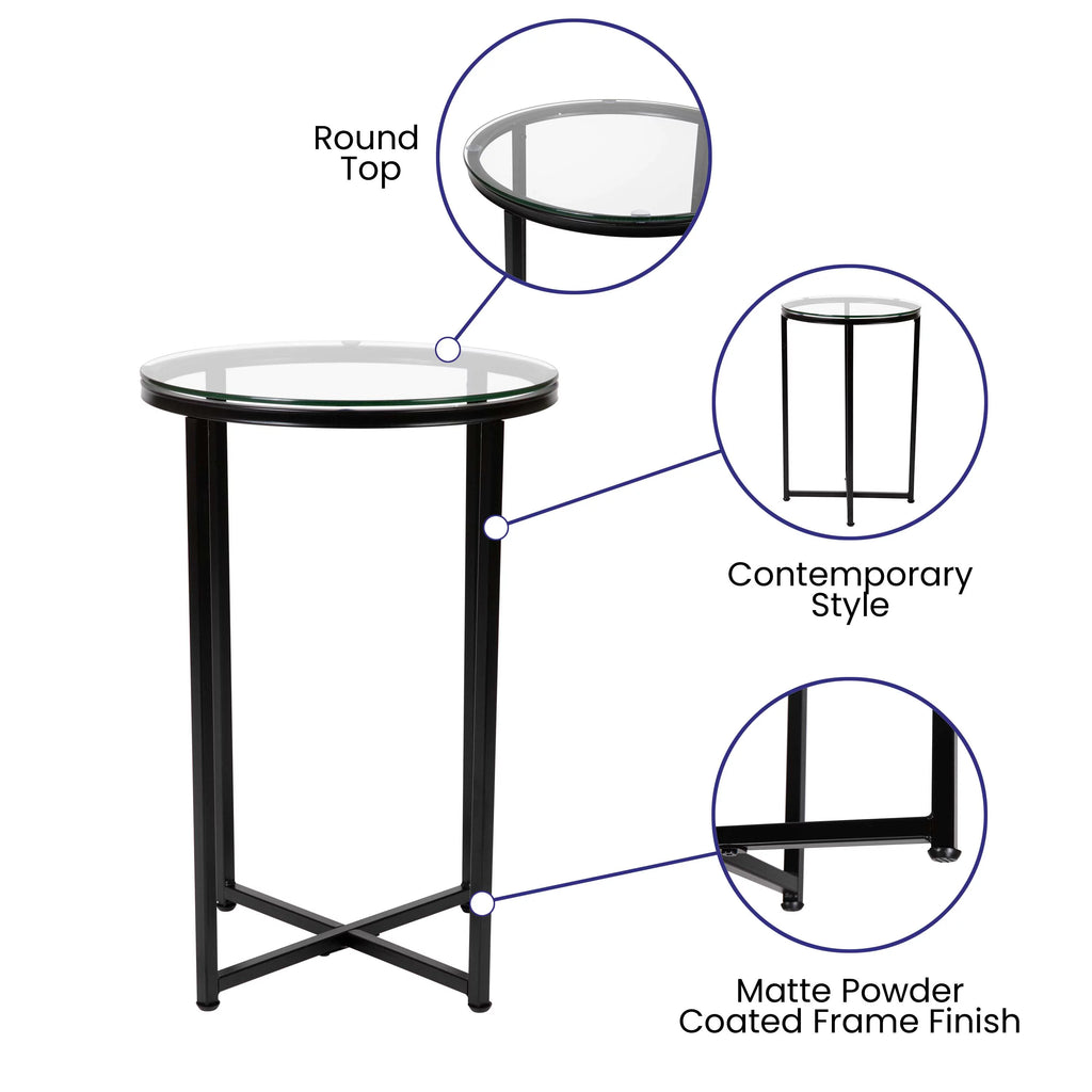 Clear Glass Table Set with Matte Black X Metal Frame, Coffee Table, 2 End Tables J2077