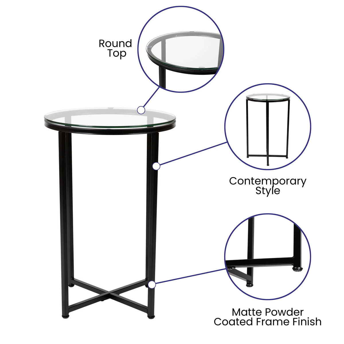 Clear Glass Table Set with Matte Black X Metal Frame, Coffee Table, 2 End Tables J2077