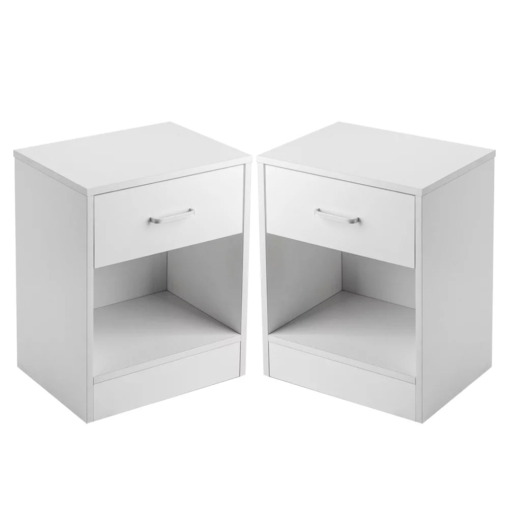 White Nightstand Set of 2 with Drawer and Open Cabinet Wood Bedside Table J641746